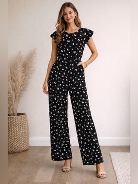 LOFT Black Floral Jumpsuit Size 6 | Daisy Print Wide Leg Summer Romper EUC